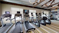 This fitness center combines industrial-chic design with modern amenities to create an inspiring workout environment. The most striking architectural feature is the soaring ceiling adorned with exposed dark timber trusses and metal riveted beams, which lend a bold, warehouse-inspired aesthetic to the space. Suspended circular pendant lights provide warm, focused illumination throughout.

The flooring consists of multi-toned striped carpeting in shades of gold, grey, and white, adding a dynamic visual element underfoot. One wall is dominated by a large, eye-catching geometric mural featuring a mosaic of triangular shapes in muted blues, greys, and yellows, serving as a colorful focal point. Floor-to-ceiling mirrors on adjacent walls enhance the sense of openness and allow users to monitor their form during workouts.

Natural light filters in through multiple windows fitted with roller shades, keeping the atmosphere bright and airy. The cardio zone is well-stocked with treadmills, elliptical trainers, and stationary bikes — all equipped with individual screens. The strength-training area offers a variety of cable machines, selectorized weight stations, free weights, and benches. A dedicated open area with yoga mats provides space for stretching and flexibility work. The combination of thoughtful design and comprehensive equipment makes this a fully functional and visually engaging fitness facility.