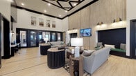 Located at 860 Candlelite Lane in Lewis Center, Ohio, this single-story community clubhouse at Avery Park Paris offers a sophisticated and well-appointed gathering space designed with modern elegance. The grand main lounge greets visitors with soaring ceilings, a bold geometric coffered ceiling detail with dark wood beams, and light hardwood-style tile flooring that flows throughout. A dramatic floor-to-ceiling wood-paneled accent wall anchors the space, complemented by a wall-mounted TV and stylish pendant lighting. Plush seating arrangements and curated artwork create a warm, upscale atmosphere. Adjacent to the lounge is a full-service bar and kitchen area, featuring a large white waterfall island with gold-accented bar stools, stainless steel appliances, a sink, microwave, and a geometric patterned tile backsplash. A dedicated dining area offers a round dark wood table surrounded by sage green velvet chairs, framed by bold ikat-patterned curtains and oversized windows that flood the room with natural light. The billiards room adds a recreational dimension, boasting a full-size pool table beneath dramatic floor-to-ceiling windows. Throughout, the design palette of warm neutrals, black accents, and green tones creates a cohesive and inviting ambiance ideal for community gatherings and socializing.
