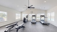 This dedicated exercise room is a comprehensively outfitted fitness space designed to support a full range of workout routines. The room features vaulted ceilings that lend an open, airy feel, complemented by recessed lighting and a large ceiling fan that ensures comfortable air circulation during workouts. Durable, speckled rubber flooring covers the entire space, providing both traction and impact absorption.

The cardio zone is well-stocked with multiple treadmills and elliptical trainers from Life Fitness, positioned along the windowed wall to take advantage of natural light and views of the adjacent outdoor pool area. A wall clock keeps exercisers on track during their sessions. On the opposite side of the room, a full multi-station cable and weight machine anchors the strength training area, accompanied by a set of adjustable benches and a tiered rack holding an organized selection of kettlebells and dumbbells. A wall-mounted mirror enhances the sense of space and allows for form-checking during exercises.

Large windows on multiple walls flood the interior with natural light and provide pleasant outdoor views, creating an inviting and motivating environment. The room is accessed via a standard interior door, and the overall clean, neutral design keeps the focus firmly on functionality and fitness.