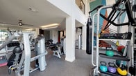 The downstairs fitness center is a spacious, thoughtfully designed facility that accommodates a wide range of workout styles. The layout is open and well-organized, with durable rubber flooring throughout that provides both safety and comfort during exercise. Soaring double-height ceilings in the windowed zone create an airy, energizing atmosphere, while large floor-to-ceiling windows flood the space with natural light and offer views of the surrounding outdoor area.

The center is outfitted with a comprehensive selection of Hoist-brand strength and cable machines, a functional trainer, a multi-station cable system, and a dedicated free weights area featuring a full dumbbell rack and adjustable benches. A boxing station with a heavy punching bag and a PRx rack with kettlebells add functional training options. Cardio equipment is also well-represented throughout the space.

A built-in wooden shelving unit stocked with fresh towels, a small refrigerator, and cabinetry provide convenient amenity touches. Wall-mounted televisions keep members entertained during workouts. Mirrored walls in the free weights section visually expand the space, while a vibrant large-scale mural adds a bold, modern artistic accent. The overall ambiance is clean, modern, and professional.