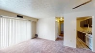 This single-floor residential unit offers a practical and comfortable layout across several well-defined living spaces. The main living area is generously sized, featuring plush wall-to-wall carpeting, a textured ceiling, and a large sliding glass door dressed with vertical blinds that allows for natural light while providing privacy. A wall-mounted heating unit adds functional convenience to the space.

The kitchen is equipped with rich, dark-stained shaker-style cabinetry spanning both upper and lower sections, complemented by light marbled countertops and a stainless steel sink. A white gas range with overhead ventilation completes the cooking area, which also features durable wood-look flooring.

The bedrooms are carpeted and bright, each featuring windows with blinds that bring in natural light and provide a calm, neutral atmosphere. The rooms offer clean lines and ample wall space, making them highly adaptable.

A standout architectural detail is a room featuring a painted white brick accent wall, adding character and texture to the space, along with a ceiling fan overhead.

The full bathroom is well-appointed with a white vanity with cabinet storage, a mirrored medicine cabinet, a Hollywood-style light bar, and a tub-shower combination. Light wood-look flooring ties the bathroom together with a clean, modern finish.