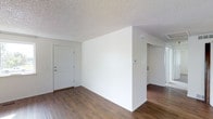 This single-story space presents a clean, minimalist interior defined by rich, dark hardwood-style flooring that runs continuously throughout the visible areas, creating a warm and cohesive aesthetic. The walls are finished in a bright, neutral white, contributing to an open and airy atmosphere that maximizes the sense of space. A textured popcorn ceiling adds a classic architectural detail overhead.

A central partial wall divides the main living area, creating a natural separation between spaces while maintaining an open, connected feel. The front entry features a paneled white door with a brushed metal handle, providing a welcoming focal point. To the right, an opening leads to an additional area of the unit, suggesting a flexible and functional layout. A thermostat is visible on the wall, indicating climate control features within the space.

Natural light filters in through windows visible toward the right side of the space, brightening the interior and enhancing the overall sense of openness. The combination of neutral finishes, durable flooring, and a straightforward layout makes this a versatile and practical space well-suited for a variety of uses.