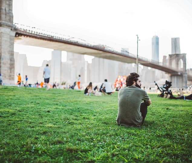 Residents enjoy a great view of the Brooklyn Bridge and the Financial District