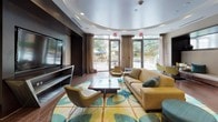 This sophisticated single-floor lounge space is defined by a dramatic circular tray ceiling that anchors the main seating area, creating a sense of architectural focus and openness. Rich dark wood paneling lines the walls and frames a built-in media wall, housing a large flat-screen television flanked by recessed shelving and accent lighting, lending the space a polished, contemporary aesthetic.

The central seating area features a neutral sofa and an assortment of chartreuse and teal accent chairs arranged around a dark wood coffee table, all set atop a bold, large-scale patterned area rug in yellow, teal, and white. Wood-toned flooring extends throughout, complementing the warm yet modern palette.

A dedicated wet bar area includes a mosaic tile backsplash in shifting shades of blue and gold, a row of sleek pendant lights, a sink, stainless steel appliances, and teal bar stools — well-suited for hosting and entertaining.

A more intimate nook near floor-to-ceiling glass doors offers a round bistro table, additional seating, and a built-in banquette with decorative pillows. The glass doors open directly to an outdoor patio with dining furniture and mature trees, flooding the interior with natural light and greenery.