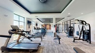 Located at 5705 Apex Dr in Fishers, Indiana, this expansive fitness center offers a comprehensive exercise environment spread across a single, generously sized floor. The space is thoughtfully designed with a modern aesthetic, featuring a distinctive tray ceiling with a deep teal finish, recessed lighting, and neutral-toned carpet throughout.

The cardio zone is lined with large floor-to-ceiling windows that flood the area with natural light and provide open views of the surrounding greenery — an ideal backdrop for treadmills, stair climbers, ellipticals, and a rowing machine. A dedicated strength training area features selectorized weight machines, a multi-rack dumbbell station, and adjustable benches, all set against a sophisticated paneled accent wall in muted grey tones.

A separate functional fitness zone includes a heavy punching bag with a suspension rack, offering space for boxing and conditioning workouts. The entry area makes a striking first impression with a vibrant, multicolored vertical-stripe accent wall and black-framed glass partition doors that connect to adjacent common areas, maintaining an open and airy feel. The overall design balances high-end finishes with practical functionality, creating a motivating and welcoming environment for all fitness levels.