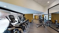 This fitness center offers a comprehensive workout environment designed with both functionality and aesthetics in mind. The space features a single open floor plan with a clean, modern design highlighted by a drop-tile ceiling with recessed lighting and a large floor-to-ceiling window along one wall, allowing natural light to fill the room and providing views of the surrounding outdoor scenery.

A row of cardio machines, including treadmills, ellipticals, and stationary bikes, lines the windowed wall, allowing users to exercise while enjoying the outside view. The flooring consists of durable rubber gym matting, practical for both equipment placement and user safety.

Towards the interior of the space, a well-organized free weight section includes a full dumbbell rack alongside adjustable benches, catering to strength training needs. Warm wood-paneled accent walls add a refined visual contrast to the otherwise neutral tones of the space.

Additional strength and cable machines are visible toward the back, making use of mirrored walls to enhance the sense of depth and space. Overall, the fitness center presents a clean, well-maintained, and thoughtfully organized environment suitable for a full range of workout routines.