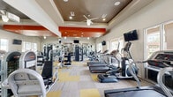 Located at 1550 Crescent Pointe Pkwy in College Station, Texas, this single-floor fitness center offers a thoughtfully designed space dedicated to health and wellness. The facility comprises a generous exercise room and a dedicated office, together forming a comprehensive fitness environment.

The exercise room is the centerpiece of the space, showcasing a striking interior design with bold orange-accented tray ceilings, ceiling fans, and recessed lighting that create an energetic yet comfortable atmosphere. The flooring features a distinctive multi-toned tile pattern in orange, cream, and gray, adding a dynamic visual element throughout. Large windows along the walls flood the space with natural light while offering views of the surrounding outdoor landscape.

Floor-to-ceiling mirrors line key sections of the walls, visually expanding the space and supporting both cardio and strength training activities. The room is well-stocked with a full row of treadmills and elliptical machines, a rack of dumbbells, cable and multi-station strength machines, resistance equipment, and exercise balls. A padded massage or stretching table is also available in a dedicated flex area, further enhancing the facility's versatility. Multiple wall-mounted televisions are positioned throughout for entertainment during workouts. The overall ambiance is vibrant, functional, and modern.
