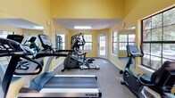 This single-floor fitness center is designed to provide a comprehensive and motivating workout environment. The space is immediately distinguished by its vaulted ceilings and skylights, which flood the room with abundant natural light and create an open, airy atmosphere. Vibrant yellow walls add an energizing aesthetic that complements the active nature of the space.

The fitness center is well-appointed with a varied selection of cardio equipment, including treadmills by True and Vision Fitness, an elliptical trainer, and a stationary recumbent bike. A multi-station cable strength training machine rounds out the equipment offerings, allowing for a full range of resistance exercises. Carpet flooring throughout provides comfort underfoot during workouts.

Large, multi-pane windows along multiple walls frame views of the surrounding outdoor greenery, ensuring a connection to the outdoors while exercising. Full-length wall mirrors are strategically placed to visually expand the space and allow users to monitor their form. A glass-panel door offers direct access to the exterior. The space also features ceiling-mounted fluorescent lighting for consistent illumination during any hour. Overall, the fitness center delivers a bright, functional, and well-equipped setting suited for a variety of workout routines.