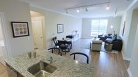 This single-floor space is designed with an open-concept layout that integrates the kitchen, dining, and living areas into one cohesive environment. The kitchen features granite countertops with a stainless steel sink and a raised breakfast bar, offering both functionality and a clear sightline across the entire space. Track lighting along the ceiling provides consistent, adjustable illumination throughout.

The dining area accommodates a dark-finished table and chairs, positioned centrally between the kitchen and living room, making it ideal for everyday use and entertaining. Crown molding along the ceiling adds a refined architectural detail that runs throughout the space.

The living area is anchored by a large window that fills the room with natural light and frames a view of the surrounding greenery. Hardwood flooring extends throughout, lending warmth and continuity across all zones. An arched doorway near the entrance adds a subtle architectural character. The overall ambiance is clean, bright, and well-organized, reflecting a practical yet polished residential design.