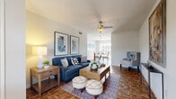 Located at 5900 Bissonnet St in Houston, TX, this single-story 2-bedroom, 1-bathroom residence offers a well-organized layout with a cohesive design throughout. Distinctive parquet wood flooring flows through the living, dining, kitchen, and bathroom areas, lending warmth and character to the home.

The living room is a welcoming space featuring a ceiling fan, a natural light-filled window near the entry door, and ample room for comfortable seating arrangements. It opens seamlessly into the dining area, which is brightened by a sliding glass door that provides outdoor access and fills the space with natural light.

The kitchen runs in a galley configuration, outfitted with granite-style countertops, white cabinetry with rich wood upper accents, white appliances, and a window above the counter for added ventilation and light.

Both bedrooms are carpeted for comfort and equipped with ceiling fans. The primary bedroom features dual windows that invite natural light, while the second bedroom includes a single window with a clean, open feel. A dedicated closet and utility room add practical storage and laundry solutions.

The full bathroom includes a granite-top vanity, a tub-shower combination, and the same parquet flooring found throughout the main living spaces, maintaining a consistent aesthetic across the home.
