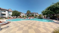 This single-floor residence is situated within a well-appointed community that boasts a striking resort-style outdoor pool area. The pool is expansive, featuring an in-water lounge area with vibrant red deck chairs, surrounded by a spacious checkered tile deck. Mature trees and manicured landscaping frame the area, while the Mediterranean-inspired multi-story buildings in the background lend an upscale character to the overall setting.

Inside, the residence features a practical and open layout. The kitchen is positioned adjacent to the main living area, partially separated by a half-wall. It is equipped with warm-toned wood cabinetry, granite-look countertops, a double sink, a black dishwasher, and a full-size black refrigerator. A large window fitted with horizontal blinds allows natural light to filter into the kitchen space.

The living area flows naturally from the kitchen and is finished with light wood-look vinyl flooring throughout, creating a cohesive and clean aesthetic. A ceiling fan with a built-in light fixture is centrally positioned overhead, and a skylight adds an additional source of natural light. The walls are painted in a neutral off-white tone, and white paneled interior doors with chrome hardware provide clean transitions between spaces. The overall ambiance is straightforward, bright, and move-in ready.