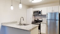 Located on Avenue E NW in Winter Haven, Florida, this single-floor unit offers a clean, modern aesthetic with a well-designed open layout. Light wood-look flooring runs throughout the space, creating a warm and cohesive feel across all areas.

The kitchen is a standout feature, showcasing white shaker-style cabinetry, granite countertops, and a full suite of stainless steel appliances including a refrigerator, electric range, and microwave. A peninsula with a built-in sink doubles as a breakfast bar, illuminated by stylish pendant lighting that adds a contemporary touch. A subway tile backsplash completes the kitchen's polished look.

The living area is open and airy, benefiting from natural light that filters in through windows, creating a bright and inviting atmosphere. The space flows seamlessly from the kitchen into the living and sleeping areas, offering flexibility in furniture arrangement.

The bathroom is thoughtfully appointed with a tiled tub-and-shower combo, white fixtures, granite-topped vanity, and wood-look flooring that ties into the rest of the unit. A closet with ample storage is conveniently accessible from the main living space.

Overall, this unit combines functional design with modern finishes, making it a comfortable and attractive living space in central Florida.