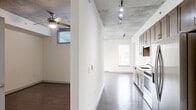 Located at 425 N Boylan Ave in Raleigh, NC, this one-bedroom, one-bathroom residence offers an industrial-modern aesthetic defined by its striking exposed concrete ceilings and rich dark hardwood flooring throughout. The open-concept main area seamlessly integrates the living room, dining space, and kitchen into one cohesive layout. The kitchen is appointed with warm wood cabinetry, stainless steel appliances, and a clean subway tile backsplash, complemented by track lighting that runs along the concrete ceiling. The living area benefits from an abundance of natural light through multiple windows with views to the outdoors, and a ceiling fan adds both style and function. The bedroom features a high clerestory window that draws in natural light while maintaining privacy, along with a dedicated closet for storage. The bathroom is finished with large-format neutral tile surrounding a soaking tub and a wood-toned vanity with a white countertop. A dedicated laundry area with stacked washer and dryer adds everyday convenience. A utility room and hallway complete the thoughtfully organized floor plan, making efficient use of every square foot in this well-appointed urban residence.