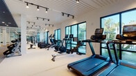 This well-appointed fitness center in Largo, Florida, offers a comprehensive workout environment spread across a single floor with distinct functional zones. The main cardio area is lined with large black-framed windows that flood the space with natural light and offer views of the surrounding lush greenery, creating an energizing atmosphere. A full row of modern treadmills, ellipticals, rowing machines, and stationary bikes with interactive screens lines the perimeter, ideal for sustained cardiovascular training. Adjacent to the cardio zone, a strength training section houses a variety of cable machines, weight benches, and a rack system with free weights. A dedicated free weights area features a full dumbbell rack set against floor-to-ceiling mirrors, complemented by warm hardwood flooring and oversized sliding glass doors that open to outdoor views. The reception and service counter area features light wood cabinetry beneath a dramatic navy blue ceiling with recessed linear lighting, adding a contemporary design contrast. Throughout the facility, textured white paneled ceilings with track lighting provide consistent, well-distributed illumination. Vibrant athletic artwork adorns accent walls, contributing to the motivating ambiance. The overall design balances functionality with modern aesthetics, creating a welcoming and professional fitness environment.