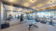 Located at 430 E Walnut St in Springfield, Missouri, this fitness center offers a thoughtfully designed, single-floor workout facility built to accommodate a full range of exercise routines. The space is organized into distinct zones, allowing for efficient use across cardio, strength, and functional training.

The cardio area is lined with large windows that face the street, flooding the floor with natural light and offering views of the surrounding neighborhood. A row of TRUE-brand treadmills anchors this section, accompanied by elliptical trainers and stair-climbers, all positioned to take advantage of the street-facing light.

The strength training area features a comprehensive free weight station with a fully stocked dumbbell rack, adjustable benches, and a cable machine system suited for a wide range of exercises. A dedicated functional training zone includes medicine balls, resistance equipment, and a cable tower, providing versatility for dynamic workouts.

The interior design strikes a modern industrial tone, with a drop tile ceiling accented by warm Edison-style pendant lighting and exposed ductwork adding character overhead. A geometric accent wall provides a stylish focal point, while large mirror panels along one wall amplify the sense of space. The carpet flooring throughout offers a practical and comfortable surface underfoot, contributing to a clean and professional gym environment.