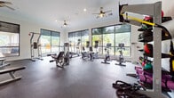 This fitness center is a comprehensively outfitted facility designed to support a wide range of workout routines. The space is flooded with natural light through large, floor-to-ceiling windows framed in dark trim, which line multiple walls and offer scenic views of surrounding greenery, palm trees, and a nearby pool area. The abundance of natural light, complemented by recessed ceiling lighting and ceiling fans, creates a bright and well-ventilated environment conducive to exercise.

The cardio zone is well-stocked with treadmills, elliptical machines, stationary bikes, and cycling bikes, many equipped with individual monitors. A dedicated strength-training area features a multi-station cable machine, a power tower for bodyweight exercises, and a cable pull-down system. The free weights section includes a full rack of kettlebells and medicine balls in varying sizes, along with battle ropes and resistance bands for functional training. A flat-screen television is mounted on the wall for entertainment, and a wall of mirrors enhances the sense of space. Durable rubber flooring throughout provides safety and comfort, while crown molding and clean white walls lend the space a polished, upscale finish.