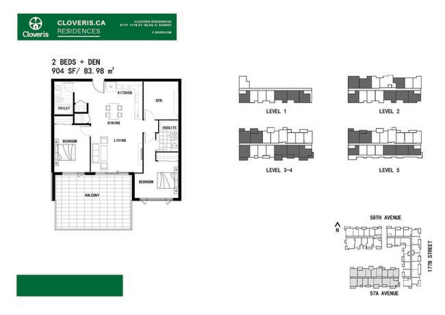 2BD + Den - 904 SF - Cloveris