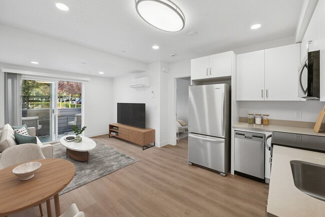 Renovated Package kitchen and living room with hard surface flooring - eaves Pleasanton