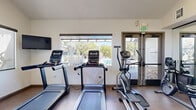This fitness center is a well-appointed, single-room facility designed to support a well-rounded workout routine. The space features a mix of flooring materials — wood-style planks in the cardio zone and tile in the open stretching and strength areas — contributing to a clean, functional aesthetic throughout.

The cardio section is lined with multiple treadmills and an elliptical trainer, positioned in front of a wide window fitted with a roller shade. This window frames a pleasant outdoor view of a pool area and surrounding trees, allowing natural light to fill the room during workouts. A wall-mounted flat-screen TV is positioned nearby for added convenience.

The strength and functional training area features a Matrix cable machine and a seated strength station, complemented by a large floor mirror along one wall that visually expands the space and assists with form during exercise. An open floor area provides ample room for stretching or mat-based workouts.

A striking architectural highlight is the arched double glass door entrance, which rises to a tall vaulted ceiling and allows abundant natural light and views of the landscaped outdoor surroundings. This entry area also includes a large window, further enhancing the bright and airy ambiance. The overall atmosphere is clean, practical, and welcoming, making it a functional amenity space for daily fitness use.