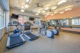 This fitness center is a comprehensively outfitted single-level space designed to support a wide range of workout activities. The room is divided into functional zones, each dedicated to a specific type of exercise. The cardio area features multiple treadmills, elliptical trainers from Precor, and a stationary bike with an integrated display screen, all positioned near a bank of large windows that allow ample natural light and views of the surrounding exterior. Wall-mounted flat-screen televisions are positioned throughout, providing entertainment during workouts.

The strength training zone includes a multi-station cable and weight machine setup, complemented by a dedicated free weights area housing a full rack of dumbbells in varying sizes, a weight bench, and stability balls. Large mirrors line one wall, visually expanding the space and allowing users to monitor their form. The flooring throughout consists of durable speckled rubber-composite material, practical for high-traffic fitness use.

Overhead, a drop tile ceiling houses a series of globe pendant light fixtures and ceiling fans, ensuring consistent illumination and airflow. The walls are finished in warm neutral tones. Glass-panel entry doors provide a welcoming transition into the space, which also includes storage areas and accessible utility features along the perimeter.