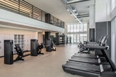 Located at 2277 Harbor Blvd in Costa Mesa, California, this two-story fitness center offers a comprehensive and modern exercise facility designed to accommodate a wide range of workout styles. The main floor features soaring double-height ceilings with exposed industrial-style ductwork, lending the space an open, airy feel. Floor-to-ceiling windows line the perimeter, flooding the interior with abundant natural light and providing views of the surrounding landscape. Durable speckled rubber flooring extends throughout both levels, providing a practical and resilient surface for high-intensity use. The main floor is thoughtfully organized, housing a robust selection of Freemotion strength training machines, a dedicated free weights area with kettlebells, medicine balls, and dumbbells on organized racks, and a row of cardio equipment including stationary bikes, ellipticals, treadmills, and a rowing machine. A wall of mirrors enhances the sense of space. Built-in dark wood cabinetry and storage lockers add a refined, polished aesthetic. A staircase leads to the mezzanine level, which overlooks the main floor through sleek black metal railings. The upper level offers additional open floor space, large windows, and supplementary equipment storage, making it well-suited for stretching, group classes, or auxiliary training activities.