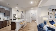 This thoughtfully designed one-bedroom, one-bathroom residence in McDonough, Georgia offers a smart, open-concept floor plan that maximizes every square foot. Light-toned luxury vinyl plank flooring flows throughout the main living areas, creating a cohesive and contemporary aesthetic.

The kitchen is a standout feature, showcasing rich dark-wood cabinetry, a white subway tile backsplash, granite countertops, and stainless steel appliances. A central island with seating for two is illuminated by a pair of striking modern pendant lights, making it ideal for dining and entertaining. The kitchen opens seamlessly into the living room, which benefits from a glass door that invites natural light and outdoor access.

The bedroom is a comfortable retreat, featuring plush carpet, a ceiling fan, and a large window that fills the room with natural light. The bathroom continues the refined design language with dark wood vanity cabinetry, granite countertops, and wood-look flooring. A dedicated laundry area houses a full stacked washer and dryer, adding significant convenience. A closet completes the layout, ensuring ample storage throughout this efficiently planned and stylishly finished residence.