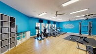 This fitness center is a comprehensive, single-floor facility designed to support a wide range of workout routines. The space is immediately defined by its bold, vibrant blue accent walls, which create an energizing atmosphere complemented by motivational fitness-themed typography displayed prominently throughout the room. Light hardwood-style flooring runs throughout, providing a clean, durable surface underfoot.

The cardio area is well-appointed with multiple treadmills, elliptical machines, and stationary bikes, all positioned along a wall of large windows that flood the space with natural light and offer views of the surrounding outdoor area. Wall-mounted flat-screen televisions are positioned above the windows, allowing members to stay entertained during workouts. Ceiling fans provide additional air circulation across the open floor plan.

The strength training zone features a cable machine, an adjustable weight bench, and a full rack of dumbbells arranged along a mirrored wall, enabling users to monitor their form during exercises. A colorful kettlebell rack adds to the free weights selection. Rubber floor mats define workout zones for floor exercises and stretching. Additional storage shelving keeps the space organized, and a separate adjoining room provides extra utility. The overall ambiance is motivating, modern, and thoughtfully arranged to accommodate a full-body fitness experience.