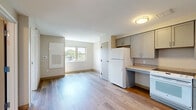 Located at 2727 Lancashire Rd in Cleveland Heights, OH, this one-bedroom, one-bathroom unit offers a thoughtfully organized single-floor layout. Light-toned hardwood-style flooring runs throughout the space, lending a clean, cohesive look to every room.

The kitchen is efficiently designed with ample gray shaker-style cabinetry lining the walls, providing generous storage. Light-toned countertops complement the cabinetry, and white appliances — including a refrigerator, range, and sink — are neatly integrated into the layout. A flush ceiling fixture provides steady overhead lighting.

The bedroom is a comfortable, well-proportioned room bathed in natural light from a wide, multi-pane window that frames views of the surrounding Cleveland Heights neighborhood, including mature tree canopy and nearby rooftops. Clean white walls and warm wood-toned flooring give the room a bright, airy feel.

The bathroom is notably spacious and accessibility-focused, featuring a roll-under vanity with drawer storage, grab bars, a handheld showerhead, and a barrier-free walk-in shower stall. Hexagonal tile flooring adds a subtle decorative touch while maintaining a neutral palette consistent with the rest of the unit.

Overall, the space presents a clean, functional, and accessible design suited for comfortable everyday living.