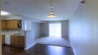 This single-floor space showcases an open-concept layout that seamlessly connects the kitchen and living areas. The living area is defined by plush carpeting, while the adjacent kitchen and entryway feature rich, dark hardwood-style flooring, creating a clear and attractive distinction between zones. A statement pendant light with a classic dome shade hangs centrally from the textured ceiling, serving as a focal point and providing warm illumination throughout the space.

The kitchen area includes a partial wall or breakfast bar that offers a visual separation from the living space while maintaining an open, connected feel. Cabinetry with warm wood tones is visible, complementing the overall neutral color palette of soft gray walls and white trim.

Natural light is a highlight of this space, streaming generously through a large sliding glass door fitted with vertical blinds, which also provides access to an outdoor area. A floor vent beneath the window ensures efficient climate control throughout. The textured ceiling adds subtle architectural interest, while clean white baseboards throughout contribute to a crisp, well-maintained finish. The overall ambiance is bright, open, and functional.
