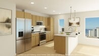 This 540 square foot, one-bedroom apartment at The Rhythm - Atlantic Park Living in Virginia Beach offers a thoughtful blend of style and functionality. The open-concept layout seamlessly integrates the kitchen, living, and dining areas, creating a spacious feel despite the compact footprint. The kitchen boasts modern wood-grain cabinetry, stainless steel appliances, and a subway tile backsplash, perfect for culinary enthusiasts.

The 130 square foot bedroom provides ample space for rest and relaxation, complemented by a walk-in closet with built-in shelving for optimal organization. The bathroom features a floating vanity with ample storage and a large mirror, maintaining the apartment's contemporary aesthetic.

Throughout the space, light wood flooring and crisp white walls create a bright, airy atmosphere. Large windows in the living area and bedroom flood the apartment with natural light and offer stunning city views. Recessed lighting adds a touch of sophistication while providing ambient illumination.

This efficient floor plan maximizes every inch of space, making it an ideal home for those seeking a modern, low-maintenance lifestyle in the heart of Virginia Beach. The Rhythm's location at 23451 puts residents in close proximity to local attractions and amenities, further enhancing the appeal of this sleek urban dwelling.