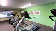 This fitness room offers a practical and welcoming environment for exercise, thoughtfully designed to accommodate a range of cardio workouts. The space is outfitted with multiple treadmills and additional cardio equipment, including what appears to be an elliptical or stair climber, providing users with varied options for their workout routines. The room is finished with wall-to-wall carpet flooring, which adds a layer of comfort underfoot. Bright fluorescent lighting runs along the ceiling, ensuring the space is well-lit throughout. The walls are painted in a refreshing sage green tone, creating an energizing yet calm atmosphere that is conducive to exercise. Adding a touch of character and color to the room, a collection of framed artwork is displayed along the green accent wall, featuring vibrant urban and landscape scenes that give the space a lively, welcoming feel. A textured ceiling completes the interior finish. Overall, the fitness room strikes a balance between functionality and comfort, making it an accessible and pleasant space for daily physical activity.