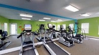 Located at 11200 Three Rivers Rd in Gulfport, Mississippi, this fitness center offers a well-equipped, single-floor exercise facility designed to support a full workout experience. The space is immediately eye-catching, featuring bold lime green and turquoise accent walls that create an energetic and motivating atmosphere. Large wall-to-wall mirrors line one side of the room, visually expanding the space and allowing members to monitor their form during exercise. The facility is outfitted with a comprehensive selection of TRUE Fitness cardio machines, including multiple treadmills and elliptical cross-trainers, all featuring integrated display screens for an enhanced workout experience. Strength training equipment and free weights are also available, rounding out the workout options for users of all fitness levels. Overhead fluorescent lighting ensures the space is bright and well-lit throughout the day, while windows along the exterior wall allow for natural light and ventilation. The durable, textured flooring is suited for high-traffic fitness use. Overall, this fitness center combines functional equipment with a vibrant, modern aesthetic to create an inviting and practical environment for residents and users seeking a convenient place to maintain an active lifestyle.