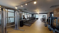 This fitness center is a comprehensively equipped facility designed to accommodate a wide range of workout styles and fitness goals. The space is organized into distinct functional zones, each purpose-built for specific types of training.

The cardio area features a substantial row of treadmills and elliptical machines, each equipped with individual digital screens. Large floor-to-ceiling windows line the perimeter, flooding the space with natural light and offering outdoor views, creating an open and energizing environment. Track lighting mounted on the ceiling provides additional illumination throughout.

The strength training section is well-stocked with multiple cable and weight machines, a rack of dumbbells, barbells with weight plates, and adjustable benches—offering thorough options for resistance training. Rubber flooring throughout this zone ensures both safety and durability.

A dedicated studio area features smooth hardwood-style flooring, a wall-mounted flat-screen television framed in reclaimed wood, and exercise balls, making it well-suited for stretching, yoga, or guided workouts. A striking reclaimed wood accent wall adds a warm, rustic design element that contrasts effectively with the facility's otherwise contemporary, gray-toned aesthetic.

A separate alcove houses additional treadmills alongside frosted glass interior partitions, offering a quieter, semi-private cardio option. Overall, the facility presents a polished, modern environment with thoughtful design and a comprehensive equipment selection.