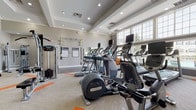Located at 725 Bridgeport Ave in Streetsboro, Ohio, this single-floor fitness center is a well-appointed facility designed to support a wide range of workout routines. The space features a bright, open layout with tray ceilings, recessed lighting, and crown molding that give it a polished, upscale feel. Large multi-pane windows allow abundant natural light to flood the interior and offer views of the outdoor pool area and surrounding greenery, creating an inviting atmosphere for exercise.

The cardio zone is lined with a row of Precor ellipticals and treadmills, each equipped with individual screens for entertainment during workouts. A dedicated strength training section includes a multi-station cable machine, a full dumbbell rack ranging across multiple weight increments, and an adjustable weight bench. TRX suspension training straps are mounted to a wall-anchored rack alongside posted workout guides, providing versatile functional training options.

A separate area features stability and medicine balls on a dedicated rack, a Pilates-style reformer bench, and a balance trainer, catering to core conditioning and flexibility work. The flooring transitions between plush carpet with orange accent strips in the main workout area and hardwood in the stretching and accessory zones. Full-length mirrors expand the visual depth of the space, while glass partition walls connect the fitness center to an adjacent common area.