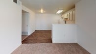 This single-floor unit offers a clean, functional layout designed for comfortable everyday living. The open-concept living and dining area is bright and inviting, featuring plush neutral carpeting and multiple large windows that allow generous natural light to fill the space while offering views of surrounding greenery. The kitchen is positioned adjacent to the living area and is separated by a peninsula countertop, creating a natural division between spaces while maintaining an open feel. The kitchen is equipped with light wood cabinetry, ample upper and lower storage, white appliances including a refrigerator and electric range, and durable wood-look flooring that extends through the kitchen and hallway areas. The bedroom is generously sized with carpeted floors and a window that brings in additional natural light. A spacious walk-in closet with wire shelving provides substantial storage capacity. The bathroom features a single-sink vanity with cabinet storage below, a wall mirror, a shower, and wood-look flooring that ties in with the rest of the unit. Throughout the space, the clean white walls and consistent finishes contribute to a bright, neutral ambiance that is easy to personalize.