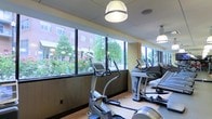 This fitness center offers a bright and inviting environment designed to make workouts both effective and enjoyable. The space is lined with a row of large windows that span nearly the full length of one wall, flooding the interior with natural light and providing unobstructed views of lush greenery, colorful flower beds, and a lively streetscape beyond. The outlook creates an energizing atmosphere that sets this facility apart from a typical enclosed gym setting.

The cardio zone is well-appointed with a lineup of modern elliptical trainers and treadmills, all featuring individual digital display screens. The machines are positioned to take full advantage of the garden and street views, giving users a pleasant visual focus during their workouts. The flooring is a warm hardwood tone that adds a clean, polished look to the space.

Overhead, elegant dome-style pendant lights hang from the ceiling, providing warm ambient illumination that complements the natural light streaming in through the windows. The drop ceiling and neutral wall tones contribute to a calm, focused environment. The overall ambiance is clean, modern, and welcoming, offering a functional yet aesthetically pleasing space well-suited for daily fitness routines.