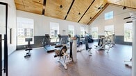 Located at 6000 Morris Pl in East Hanover, NJ, this well-appointed fitness center offers a generously sized, single-floor exercise space designed to accommodate a full range of workout needs. The main exercise area is defined by its striking vaulted ceiling clad in warm natural wood, supported by bold exposed beams that lend the space an open, airy character. Pendant lighting and ceiling fans hang from the apex, complementing the abundant natural light that pours in through a series of large windows along the perimeter walls, offering views of the surrounding greenery.

The main floor is finished with durable rubber flooring and is equipped with an extensive array of cardio machines, including treadmills and ellipticals from True Fitness, as well as a comprehensive selection of strength training equipment from Hoist. Floor-to-ceiling mirrors line one wall, visually expanding the space and supporting proper form during workouts. A dedicated studio room adjacent to the main floor features light hardwood flooring, spin bikes, free weights, medicine balls, yoga mats, and resistance tools — ideal for group fitness or personal training sessions. The overall ambiance is modern, clean, and motivating, making this facility a standout amenity for its community.
