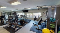 This single-story fitness center is designed to accommodate a well-rounded exercise routine in a clean, organized environment. The main workout area features light wood-style flooring accented by rubber equipment mats, a textured ceiling, and flush-mounted fluorescent lighting that keeps the space well-lit throughout. Large windows along the walls allow natural light to filter in while offering outdoor views, enhancing the overall atmosphere.

The cardio section is equipped with multiple treadmills, elliptical trainers, and stationary cycling bikes, including a dedicated spin bike. A wall-mounted flat-screen television is positioned for easy viewing during workouts. Full-length mirrors line one wall, visually expanding the space and allowing users to monitor their form. A multi-station strength training unit and additional free-motion equipment round out the functional fitness offerings, complemented by a medicine ball for flexibility and core training.

A separate corridor connects the workout area to the restroom facilities, which include clearly marked men's and women's rooms. A dual water fountain station is conveniently positioned between the restroom doors, alongside a wall clock and sanitation dispenser. The flooring in this area transitions to the same light wood-style material, maintaining a cohesive aesthetic throughout the facility.