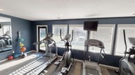 This single-floor fitness room is designed to provide a functional and focused workout environment. The space is defined by its bold navy blue walls, which create a clean, energetic atmosphere complemented by a textured ceiling and neutral-toned flooring. Multiple large windows fitted with horizontal blinds line the walls, allowing ample natural light to fill the room while offering views of the surrounding outdoor area. The generous influx of sunlight creates bright, dynamic patterns across the floor, enhancing the overall energy of the space. The room is equipped with a selection of cardio machines, including two treadmills and an elliptical trainer, arranged to make efficient use of the available floor space. A wall-mounted flat-screen television is positioned for easy viewing during workouts, adding an entertainment element to the exercise experience. Recessed ceiling lighting provides additional illumination, ensuring the space remains well-lit at all hours. A door provides direct access to the outdoors, further enhancing ventilation and connectivity to the exterior. Overall, this fitness room offers a practical, well-appointed setting suited for daily cardiovascular exercise.