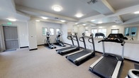 Located at 8504 82nd St SW in Tacoma, Washington, this dedicated fitness center offers a clean, well-organized space designed to support an active lifestyle. The single-floor facility is outfitted with a selection of Vision Fitness cardio machines, including multiple treadmills and elliptical trainers, providing residents or members with a variety of workout options. The room is brightened by flush-mount ceiling lights and natural light streaming in through several windows positioned along the walls, creating an inviting and energizing atmosphere. Full-length mirrors line one side of the room, enhancing the sense of openness and allowing users to monitor their form during workouts. The neutral-toned carpet flooring and light gray walls contribute to the space's clean, modern aesthetic. Equipment is thoughtfully arranged to allow comfortable movement throughout the room. The overall ambiance is functional yet welcoming, reflecting a well-maintained facility suited for both casual and dedicated fitness routines.