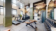 Located at 2025 Cleveland Ave in Charlotte's South End neighborhood, this fitness center is a well-appointed exercise facility designed to support a full range of workout routines. The space is defined by soaring ceilings that lend an open, airy feel, complemented by an abundance of natural light streaming through large, multi-pane windows positioned at elevated heights along the walls. A striking large-scale abstract mural serves as a dramatic focal point, adding an artistic and energizing ambiance to the room. Sage green architectural columns and wainscoting provide a refined contrast to the bold décor, while a ceiling fan overhead contributes to airflow and comfort during workouts. The rubber tile flooring throughout offers both durability and cushioning underfoot. Equipment is thoughtfully arranged to maximize the use of the space: treadmills and elliptical machines with integrated screens line one side for cardio training, while Matrix-brand adjustable benches and a full dumbbell rack cater to strength training needs. A cable and pulley machine system occupies one end of the room, and a large arched mirror expands the visual depth of the space. Framed artwork and tasteful decorative accents complete the interior, making this fitness center as visually engaging as it is functional.