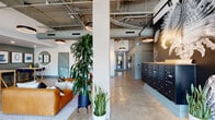Located on Shattuck Avenue in Berkeley, California, this single-floor communal space exemplifies contemporary industrial design. The lobby entrance welcomes visitors with soaring ceilings that expose structural beams, ductwork, and suspended circular pendant lights, all anchored by polished concrete flooring that runs throughout. Floor-to-ceiling windows along the street-facing façade flood the interior with natural light and provide clear views of the surrounding streetscape.

The main lounge area is thoughtfully furnished with a cognac leather sectional, a deep navy velvet sofa, patterned area rugs, and a wood coffee table, anchored by a large-scale abstract painting. Lush indoor plants, including tall fiddle-leaf trees and potted snake plants, are strategically placed to introduce organic warmth to the industrial setting.

Adjacent to the lounge, a dedicated co-working area features white-topped tables, navy chairs, and a curated gallery wall of abstract blue-and-white artwork against a slate-green accent wall, creating a calm and focused atmosphere.

A mailroom corridor features a full bank of dark mailboxes set against a dramatic black wall adorned with a large botanical mural, complemented by additional sculptural greenery. The overall ambiance balances urban industrial character with curated, residential warmth.