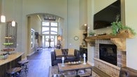 This single-story space makes a striking impression with its dramatic, soaring ceilings that amplify the sense of openness and grandeur. The main living area centers around a prominent stone fireplace with a richly textured rustic wood mantel, above which a large flat-screen television is mounted. Built-in shelving flanks the fireplace, providing both functional storage and display space for decorative accents.

The seating area features a tufted leather sofa paired with a wood-and-metal coffee table, grounded by a warm area rug over rich hardwood flooring laid in a herringbone-style pattern. The color palette is neutral and sophisticated, with warm beige walls complementing the dark wood tones and stone textures throughout.

An arched passageway draws the eye toward the far end of the space, where a set of elegant glass-paned entry doors flood the interior with abundant natural light. The tall arched windows frame outdoor greenery, reinforcing the connection between the interior and exterior. Decorative lighting, a wall clock, and carefully placed accents contribute to the space's warm, welcoming, and refined ambiance.
