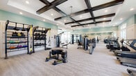 This expansive, single-level fitness center is thoughtfully designed to accommodate a wide range of workout styles and fitness goals. The space is divided into distinct functional zones, each outfitted with professional-grade equipment. Architecturally, the facility stands out with its striking coffered ceilings accented by dark wood beams, recessed lighting, and soft teal-painted walls trimmed in crisp white wainscoting, creating an energetic yet polished atmosphere throughout.

The strength training area features a comprehensive dumbbell rack, adjustable benches, cable machines, and selectorized weight stations, all reflected in floor-to-ceiling mirrors that amplify the sense of space. A dedicated functional fitness zone includes suspension trainers, kettlebells, medicine balls, and a large training tire, supported by freestanding equipment racks. Cardio options are equally extensive, with spin bikes, treadmills, a HIIT curved treadmill, ellipticals, and stair climbers positioned to take full advantage of the oversized windows lining the perimeter walls. These windows invite generous natural light and offer outdoor views of the surrounding grounds. A separate studio-style room with mirrors, balance equipment, and open floor space provides an ideal setting for group classes or stretching.