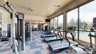 Located in Katy, TX, this single-floor fitness center offers a spacious and well-appointed exercise room designed to support a full range of workout routines. The open layout is floored with durable, patterned carpet tiles in neutral tones, providing a functional yet clean aesthetic throughout the space.

Large floor-to-ceiling windows line one side of the room, flooding the interior with natural light and offering views of an outdoor pool and landscaped surroundings. Ceiling fans and recessed lighting complement the bright, airy atmosphere.

The cardio zone features a row of Star Trac treadmills, elliptical trainers, and stationary bikes, all positioned to take advantage of the outdoor views. A wall-mounted television above the cardio equipment provides entertainment during workouts.

The strength training area is equally well-equipped, with a comprehensive free weight section including a full dumbbell rack ranging across multiple weight increments, a weight bench, and a barbell station with plates. Cable and multi-functional strength machines are distributed throughout the room, along with TRX suspension trainers anchored from the ceiling. A large wall mirror spans one section, enhancing the sense of space and supporting form-checking during training.

The fitness center also includes medicine balls and other functional training accessories, rounding out the diverse equipment offerings available in this community fitness facility.