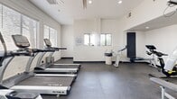 Located at 2864 Dublin Blvd in Colorado Springs, CO, this fitness center is a well-equipped, single-floor facility designed to support a comprehensive workout routine. The space is bright and airy, featuring white shiplap-style walls, recessed lighting, and ceiling fans that promote airflow and comfort during exercise. Large windows fitted with horizontal blinds line the walls, allowing ample natural light to fill the room while offering views of the surrounding outdoors.

The main gym area is thoughtfully organized to accommodate both cardio and strength training. A row of True-brand treadmills and ellipticals lines the windowed wall, each equipped with individual display screens. A full multi-station cable machine provides versatile strength training options, while floor space is available for stretching and functional movement. Large wall mirrors expand the visual depth of the room and allow users to monitor their form during workouts.

A secondary area within the gym houses additional equipment, including a stationary spin bike and a rowing machine, providing low-impact cardio alternatives. The durable rubber flooring throughout ensures safety and sound absorption. The facility also includes a dedicated closet for storage. The overall design is clean, functional, and modern, offering residents a convenient and well-maintained environment for their fitness needs.