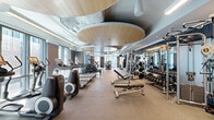 This professionally designed fitness center offers a generous, open floor plan thoughtfully organized to accommodate a wide range of workout disciplines. The space makes an immediate architectural impression with its signature curved, wood-paneled ceiling medallions suspended against a crisp white ceiling, lending warmth and visual interest to the room. Durable, large-format rubber flooring spans the entire space, providing both safety and a polished, professional aesthetic.

The cardio zone is well-appointed with a row of treadmills, elliptical trainers, rowing machines, and stationary bikes, many equipped with individual monitors. Floor-to-ceiling windows line the perimeter walls, flooding the space with natural light and offering urban views that enhance the workout experience.

The strength training area is equally comprehensive, featuring a full rack of dumbbells, adjustable benches, cable machines, and a variety of selectorized resistance machines. Large wall mirrors extend the visual depth of the space and allow for proper form monitoring. A functional training station with battle ropes adds versatility to the layout.

Wall-mounted flat-screen televisions are strategically placed throughout, and recessed lighting complements the natural light. The overall ambiance is sleek, modern, and motivating — a premium facility designed to support a full spectrum of fitness goals.