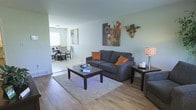 This two-story home offers a well-organized layout designed for comfortable everyday living. The main level features an open-concept living and dining area that flows seamlessly together, creating a spacious and connected feel. The living room is finished with warm hardwood-style flooring and neutral green-gray walls that lend a calm, inviting atmosphere. A plush area rug anchors the seating area, which is centered around a dark wood coffee table. Decorative wall art and accent pieces add personality to the space without overwhelming it. Natural light filters in through windows visible from the dining area, brightening the entire main level. The dining space accommodates a full table and chairs, making it well-suited for both everyday meals and entertaining. The consistent flooring throughout the main level ties the two areas together cohesively. The second floor provides additional living space, likely including bedrooms and additional amenities. Overall, the home presents a clean, functional design with warm accents and an open layout that maximizes the sense of space across both levels.