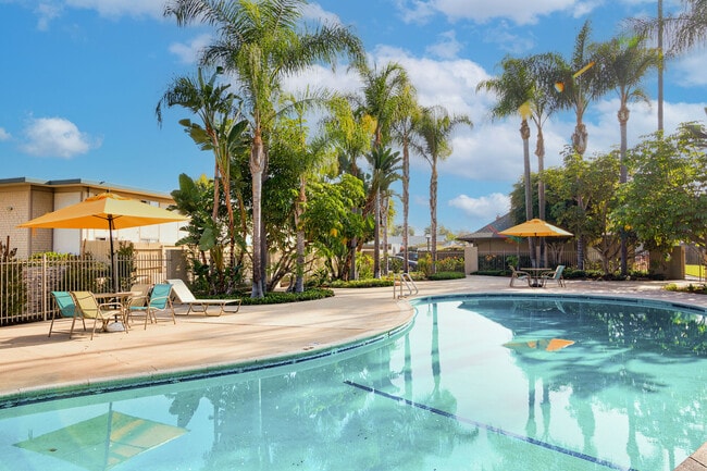 Large Sparkling Pool surrounded by Lush Tropical Landscaping at Mango Tree Apartments in Santa Ana. - Mango Tree
