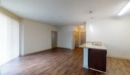 This single-floor unit offers a well-designed layout across two bedrooms and two bathrooms. The open-concept living and dining area is finished with rich, dark hardwood-style flooring that extends throughout the main living spaces, creating a cohesive and polished look. A peninsula kitchen anchors the space, featuring dark espresso cabinetry, granite-style countertops, and black appliances including a range, built-in microwave, and refrigerator. A pendant light fixture above the peninsula adds a contemporary touch while providing task lighting.

The living area is generously proportioned, with neutral white walls and multiple doors leading to the bedrooms and additional spaces. Both bedrooms are carpeted for comfort and each includes a ceiling fan and a window fitted with blinds that allow natural light to filter in. One bedroom features dark hardwood-style flooring rather than carpet, providing a slightly different aesthetic.

The two bathrooms are consistently finished with dark espresso vanity cabinetry, granite-style countertops, large mirrors with overhead lighting, and tile flooring. One bathroom includes a full soaking tub with white tile surround. Throughout the unit, the design maintains a clean, neutral palette with modern finishes.